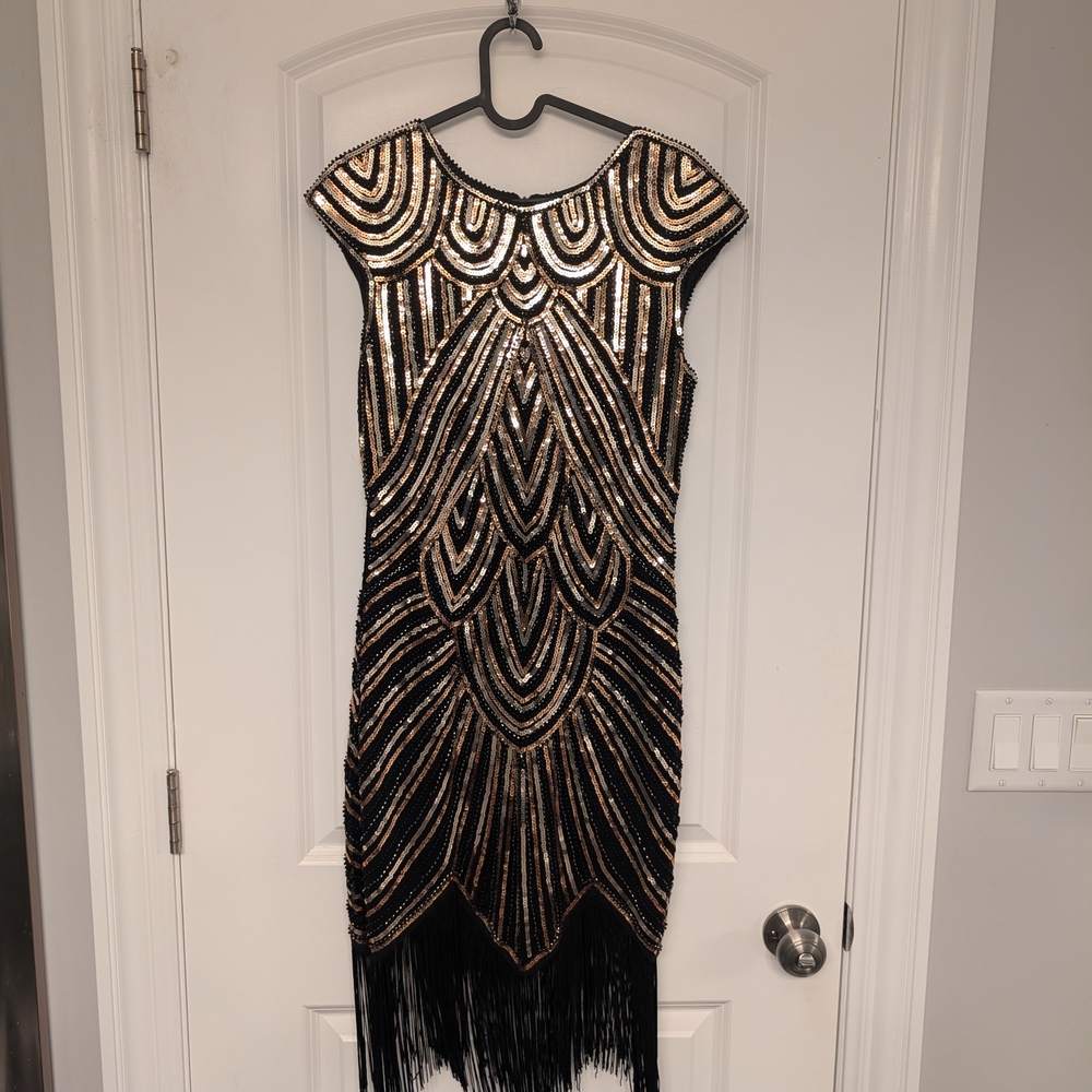 Black and Gold Sequin Fringe Dress